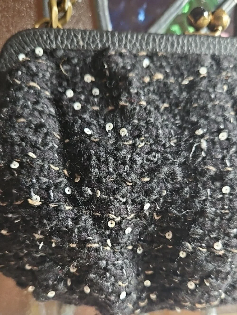 J. Crew Black Sequin Tweed Clutch with Burnished Chunky Gold Chain